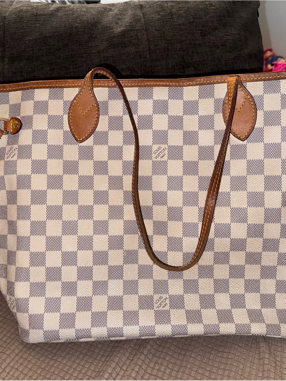Louis Vuitton Damier Azur Canvas Tote with Brown Leather Trim